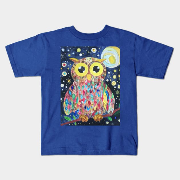 Cute multicoloured rainbow owl jewelled silver gold painting Kids T-Shirt by esvb